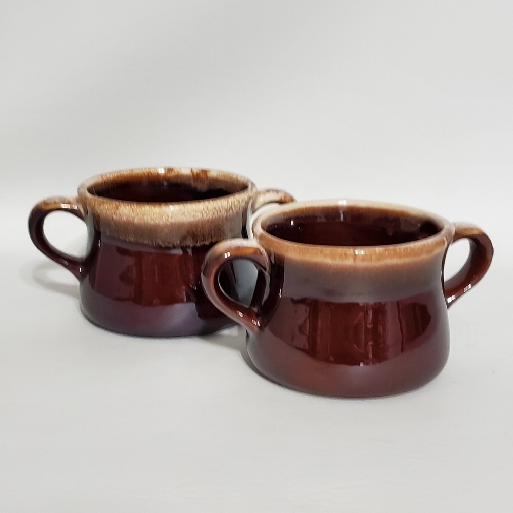 Vintage McCoy Pottery Drip Glaze Soup Bowls Brown Tan USA Double Handle Set of 2